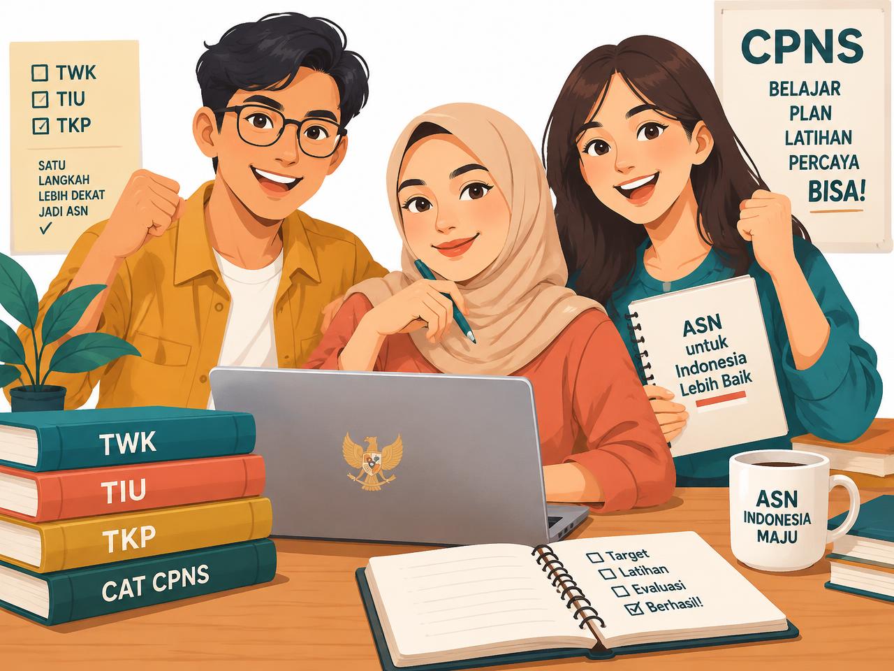 Ilustrasi peserta belajar prepping CPNS dengan buku TWK, TIU, TKP, dan CAT CPNS